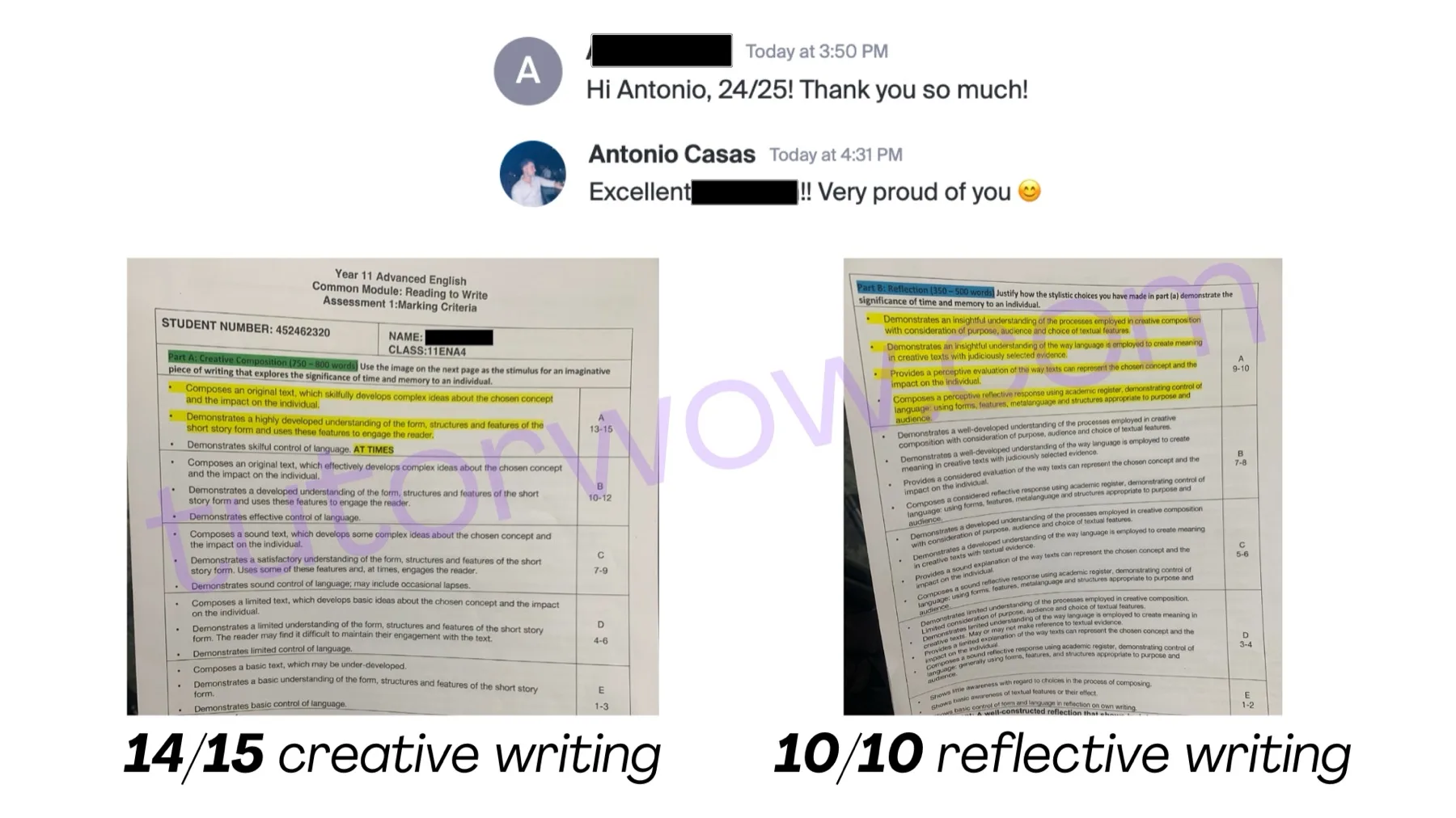 A TutorWow student's creative and reflective writing marked 24 out of 25