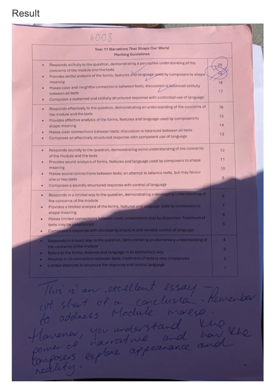 A senior English essay marked 20 out of 20 against the rubric with written feedback