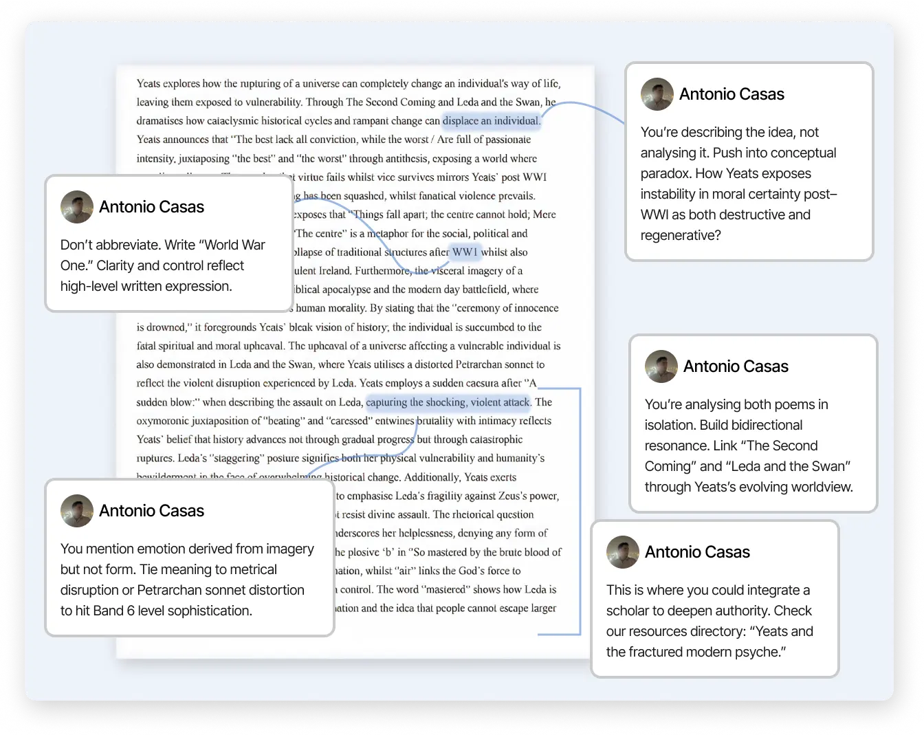 Line-by-line essay annotations and feedback from a Band 6 English tutor