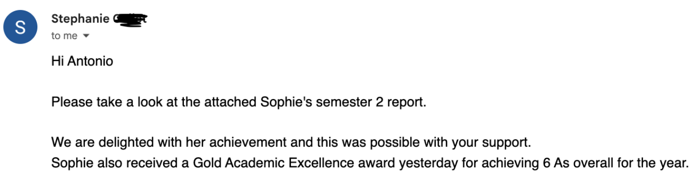 Parent email praising TutorWow for student achieving straight As and Gold Academic Excellence award